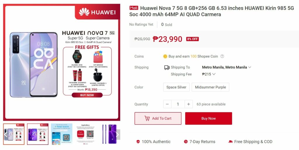 Huawei Nova 7 5G is now available at Shopee