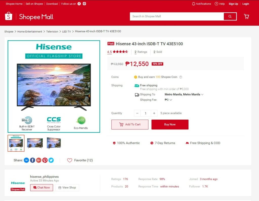 Hisense 43E5100 43-inch Full HD LED TV at Shopee