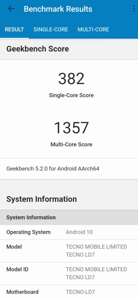 Tecno POVA Geekbench scores