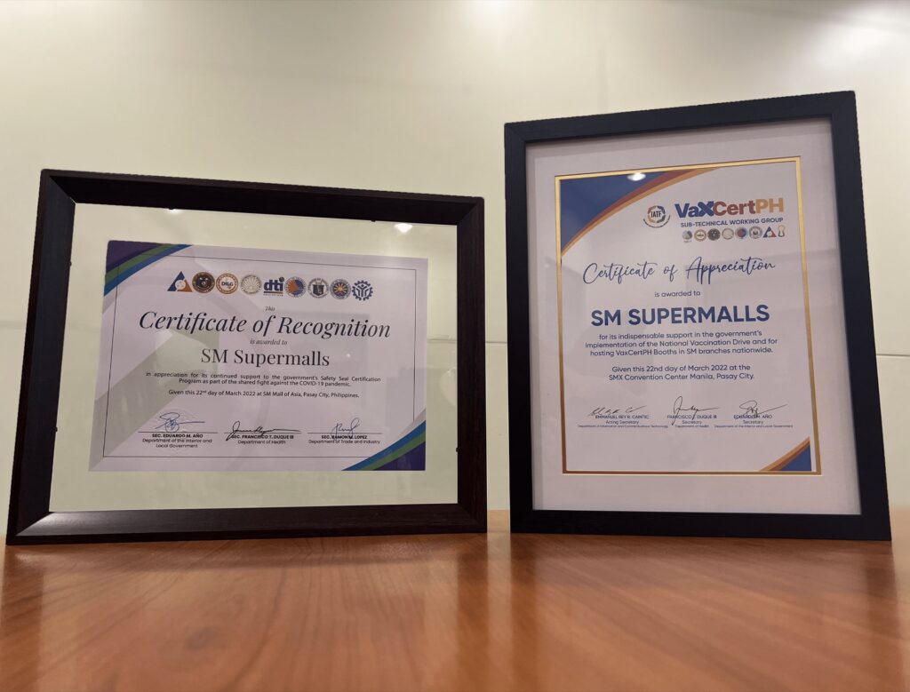 SM Supermalls awarded special recognition award - Certificates of Recognition