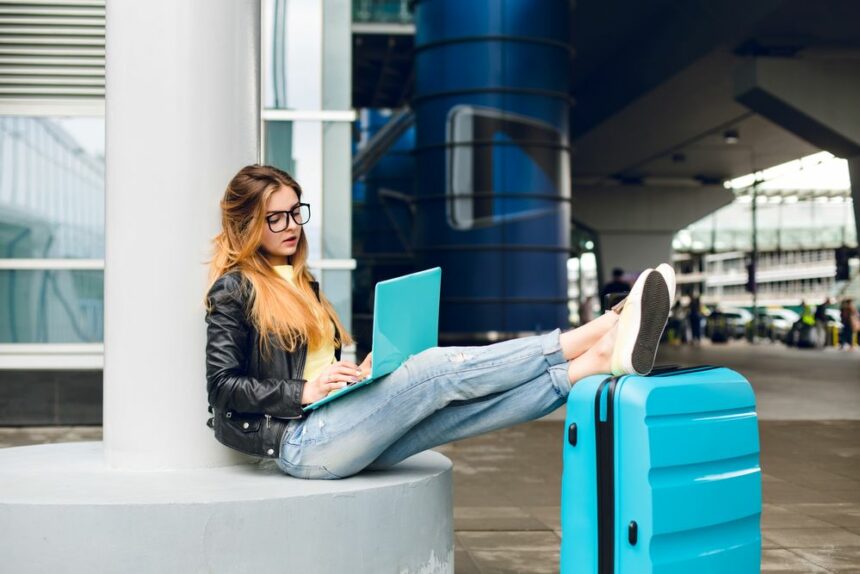 young girl with long hair black glasses is sitting outside airport she wears jeans black jacket jellow shoes she put her legs suitcase near she is bored typing laptop 1