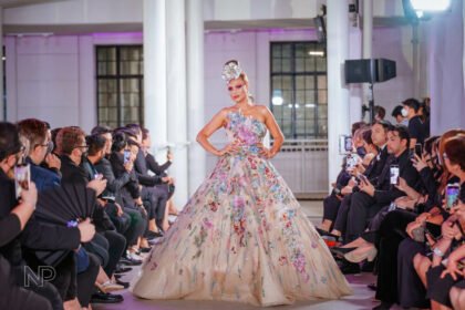 Michael Leyva celebrates 10th anniversary in fashion Champagne ball gown with floral crystal embellishments