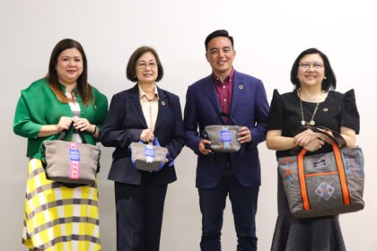 From left: Ms. Zarah Juan – Designer; Ms. Peggy Angeles - EVP, SMHCC; Atty. Sedfrey Cabaluna - Councilor, Iloilo City; Ms. Leah Magallanes - VP - Sustainability and Quality, SMHCC; holding the sample Tela Tales bags made from pre-loved linens of SMHCC properties.