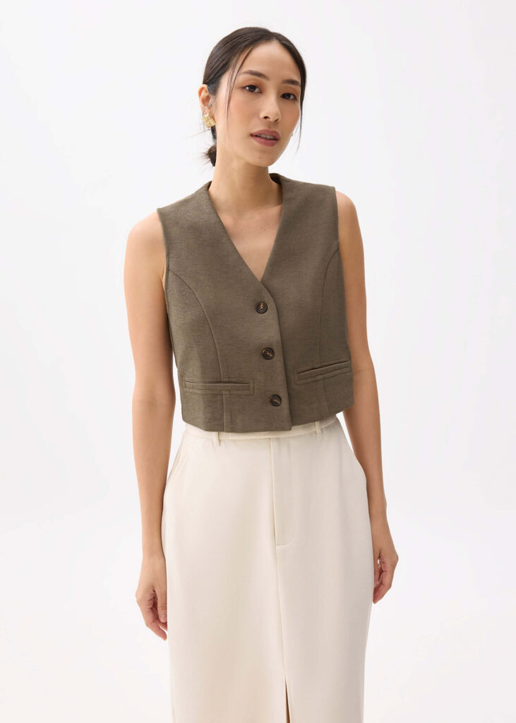 Love Bonito Cropped V neck Button Down Vest (Clay)