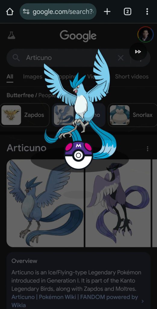 Catch Pokemon on Google Search Articuno