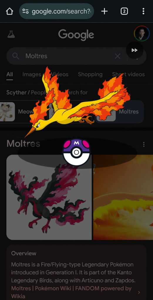 Catch Pokemon on Google Search Moltres