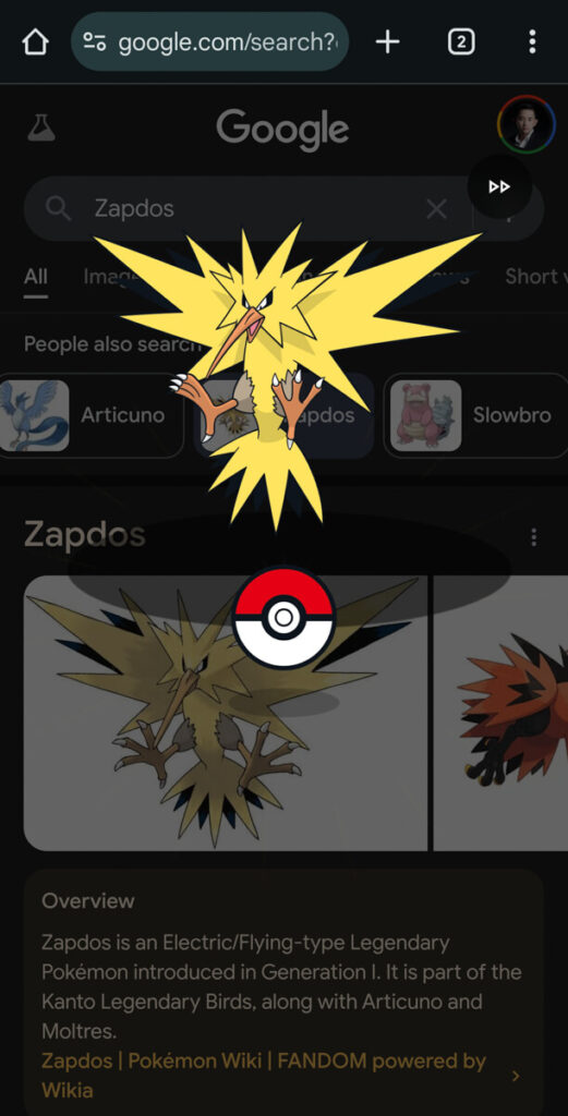 Catch Pokemon on Google Search Zapdos