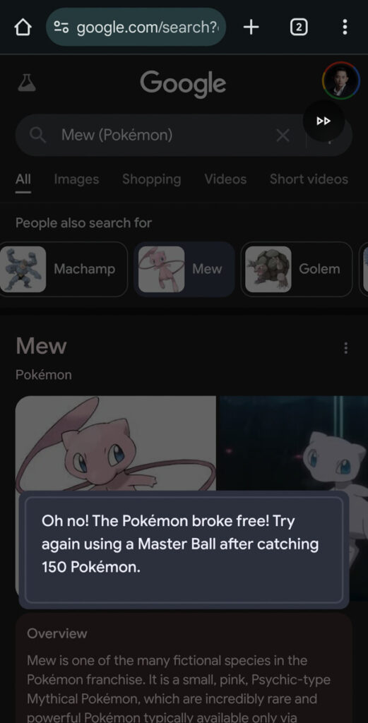 Catch Pokemon on Google Search failed capture