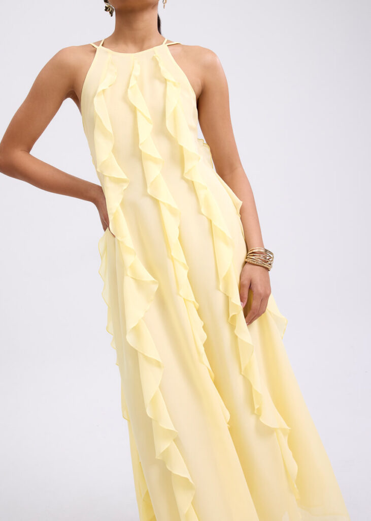 Love Bonito - Georgette Halter Trapeze Frill Maxi Dress (Panna Cotta)