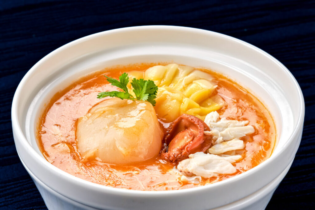 Seafood wonton fresh scallop mini abalone crab roe soup