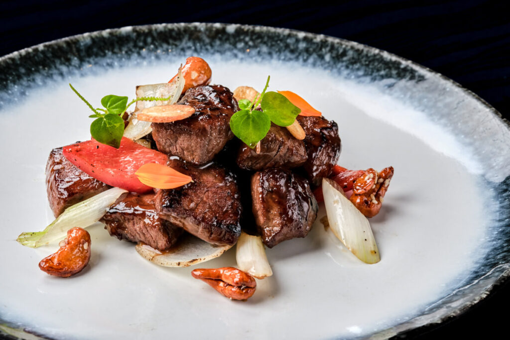 US beef tenderloin with Chinese candy cashew nut