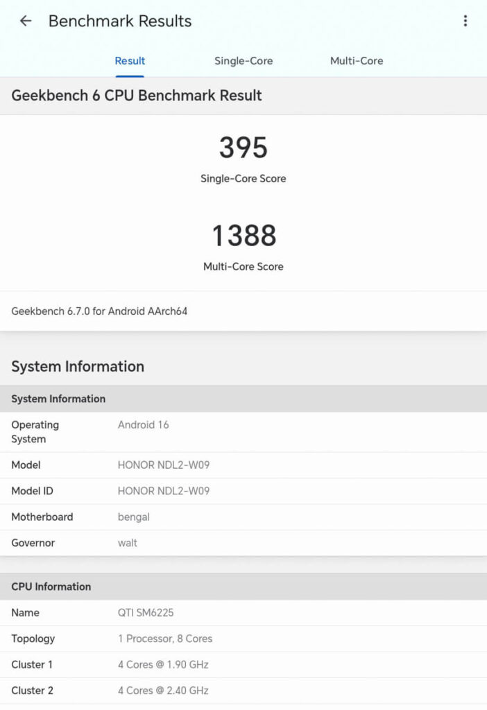 HONOR Pad X8b - Geekbench scores