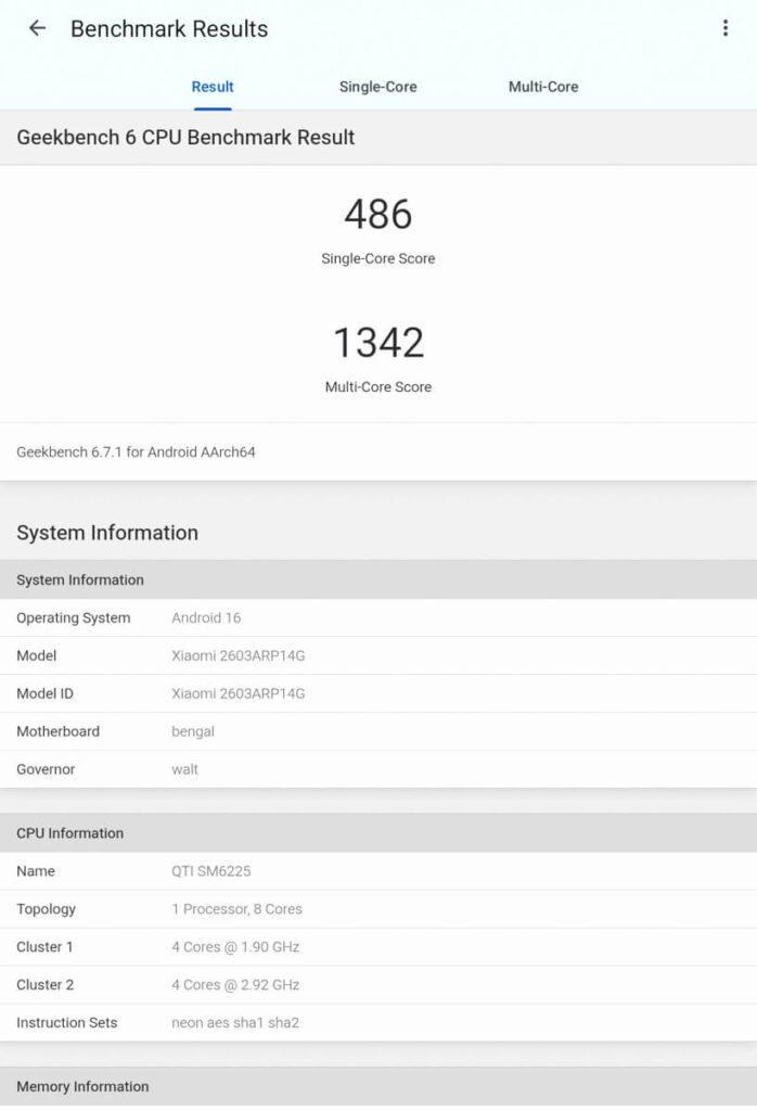 REDMI Pad 2 9 7 - Geekbench scores